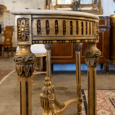 Louis XVI Gilded Demilune Console Table – Detailed Carvings & White Marble Top