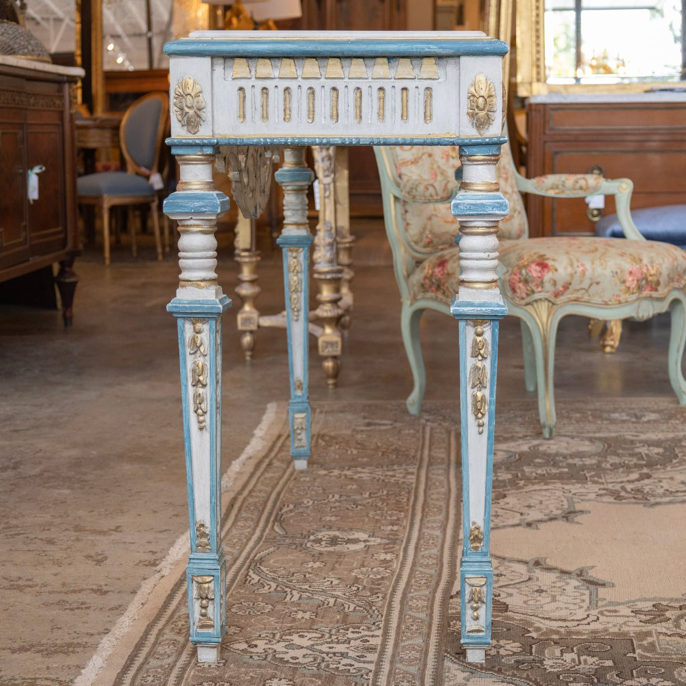 Louis XVI Gilded Console Table – Hand-Painted Blue & Gold with White Marble Top