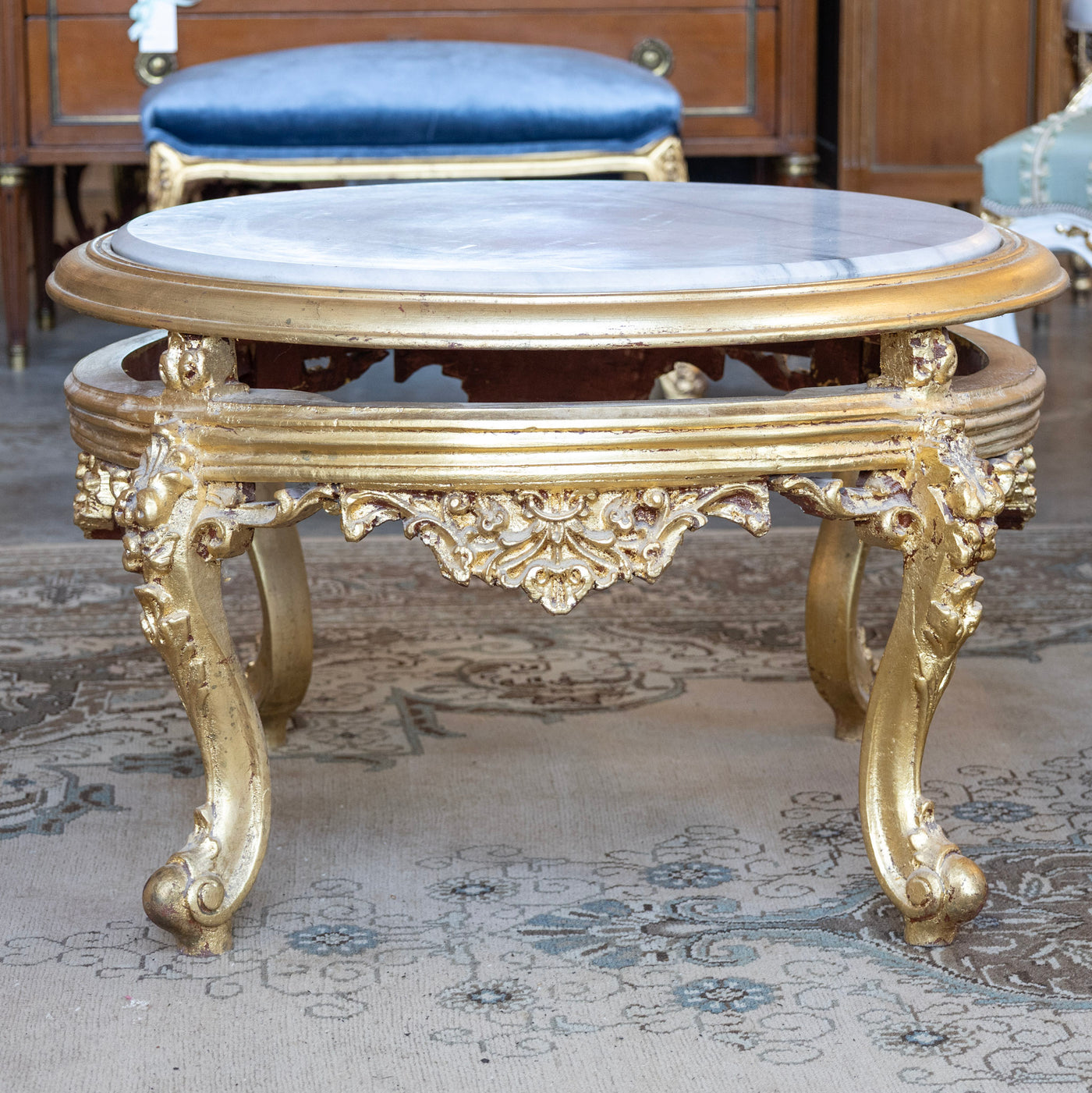 Louis XV Gilded Round Coffee Table – White Marble Top