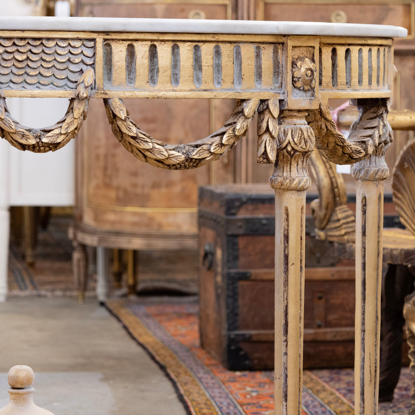Louis XVI Demilune Console – Gilded Carvings with White Marble Top