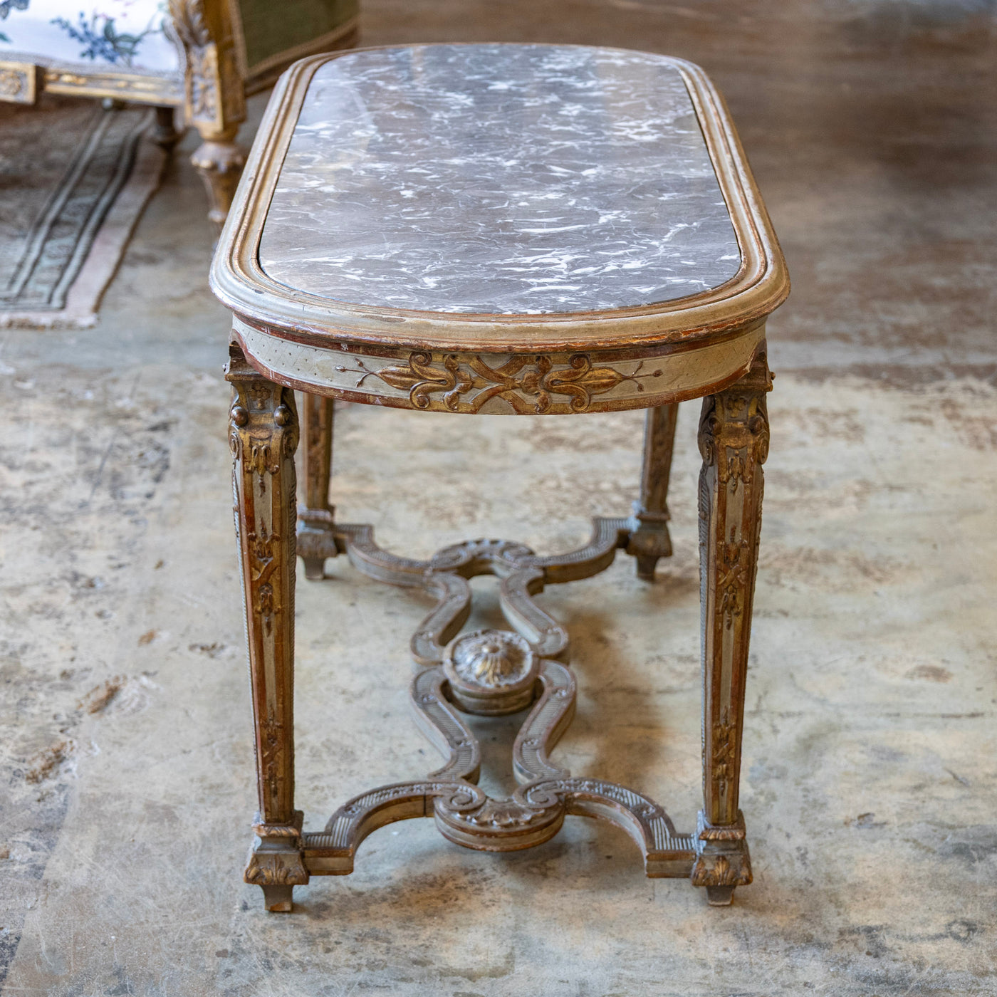 Italian Oval Coffee Table – Gilded Carvings & Gray Marble Top