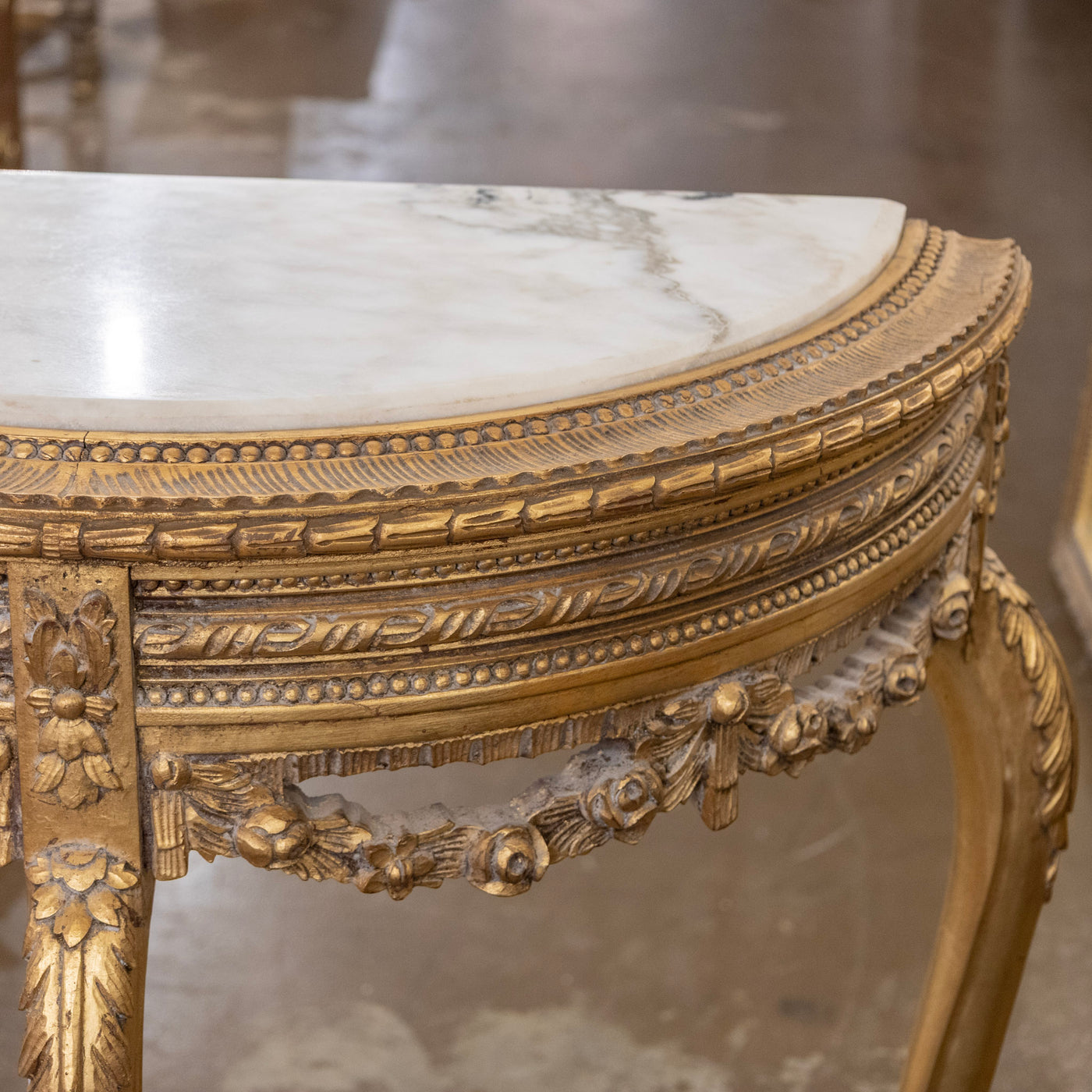 Louis XV Style Gilded Demilune Console Table – White Marble Top & Carved Trim