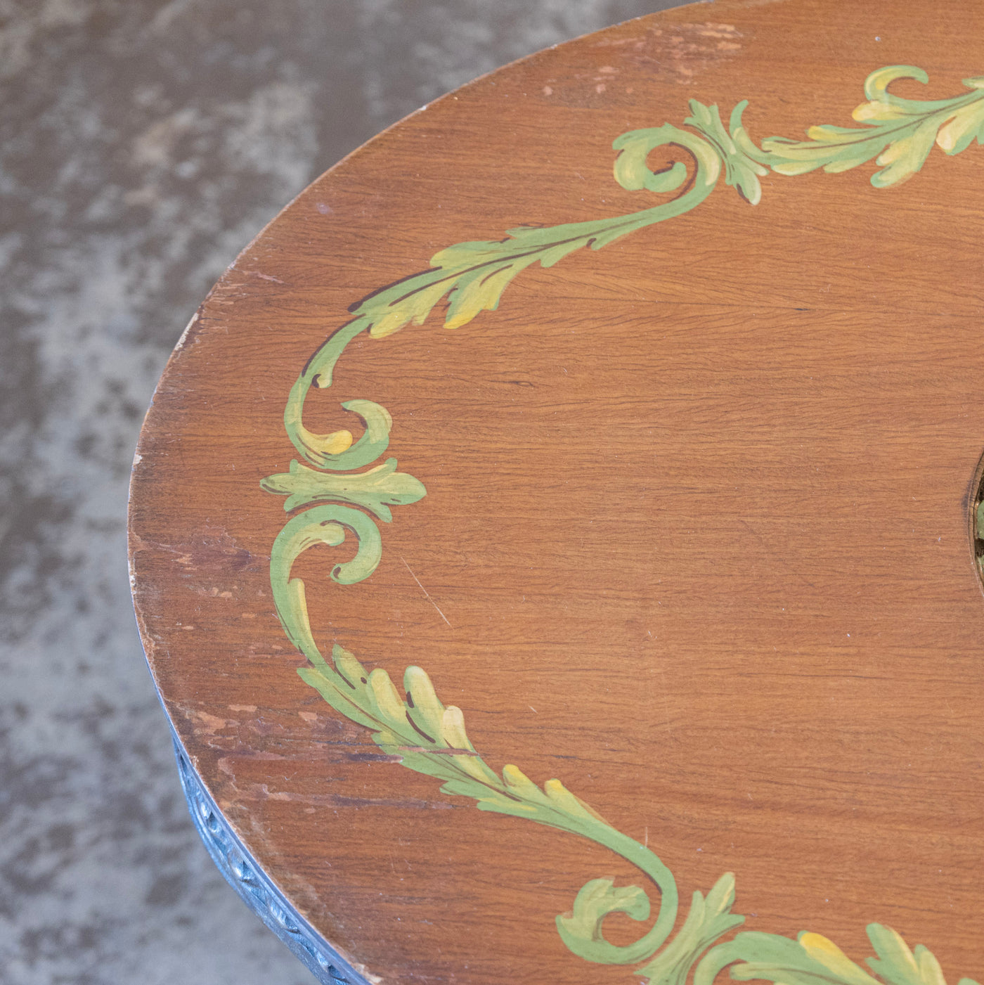French Carved Side Table – Hand-Painted Inset Scene & Green Trim