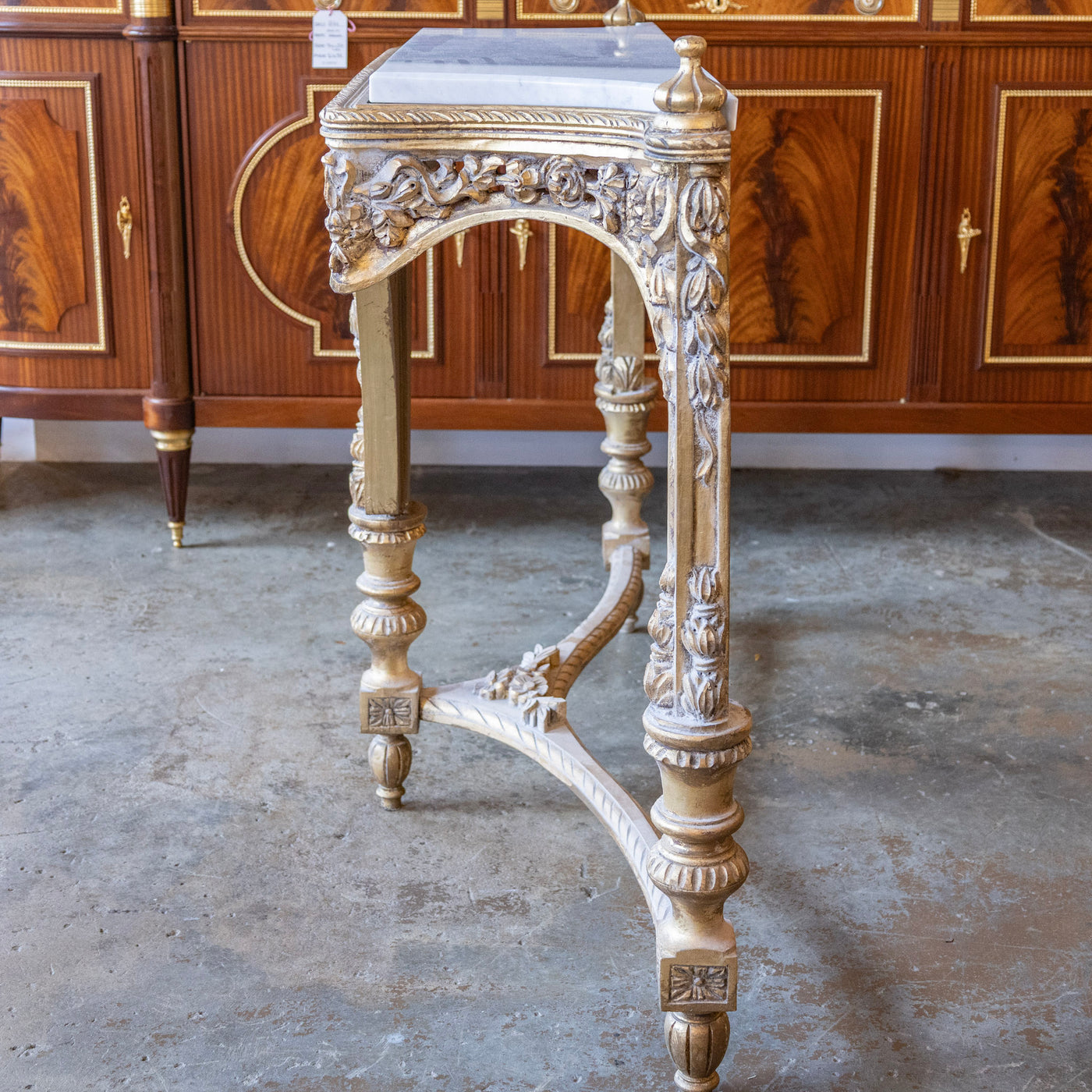 Louis XVI Ornate Gilded Console Table – Hand-Carved Florals & White Marble Top