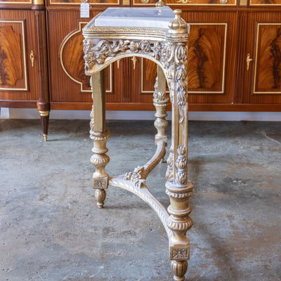 Louis XVI Ornate Gilded Console Table – Hand-Carved Florals & White Marble Top