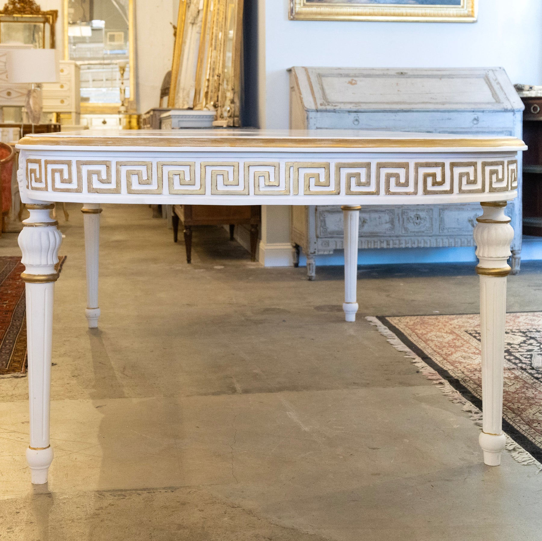 Swedish White Oval Dining Table – Gilded Greek Key Apron & Rounded Leg ...