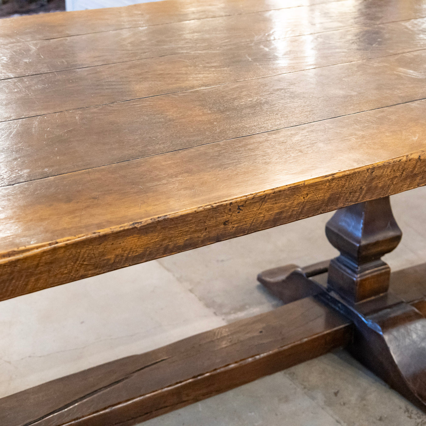 Farmhouse Dining Table – Rustic Dark Wood With Trestle Base – Le Chateau