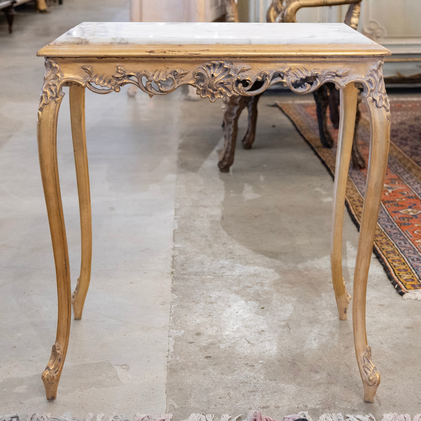 Louis XV Long Gilded Side Table – White Marble Top