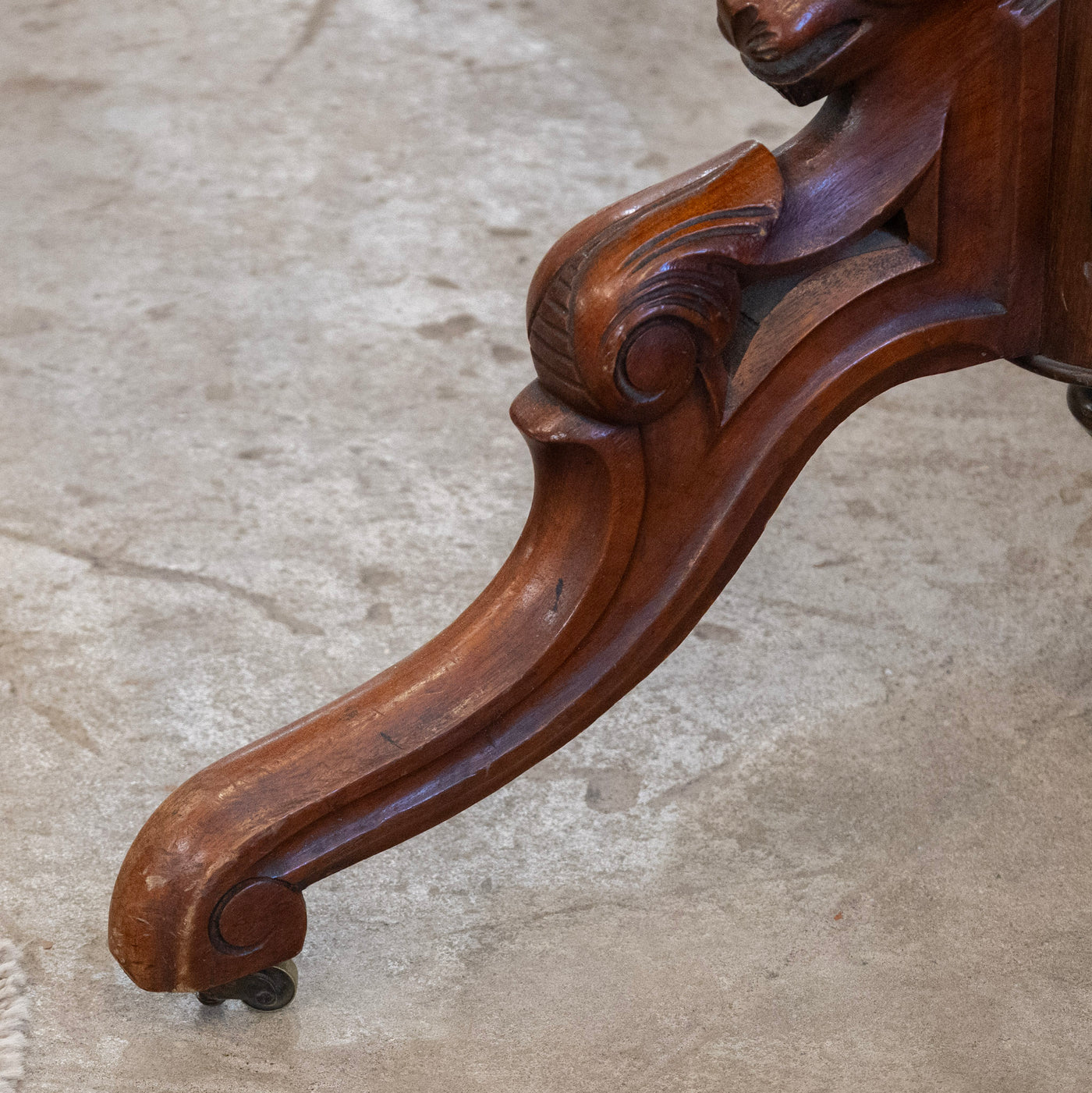 French Wood Center Table – Burl Wood Top & Carved Lion Legs on Casters