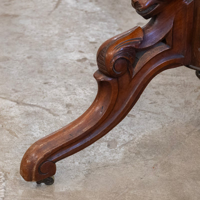French Wood Center Table – Burl Wood Top & Carved Lion Legs on Casters