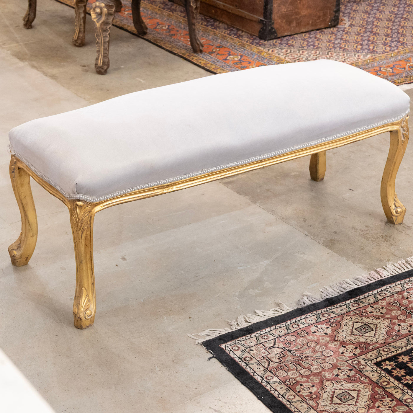 Louis XV Bench – Gold Trim & Cabriole Legs in French Grey Velvet