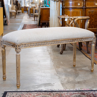 Louis XVI Bench – Carved Gold Trim & Grey Linen Upholstery