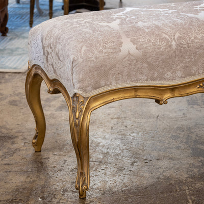 Louis XV Gilded Bench – Taupe Damask Upholstery