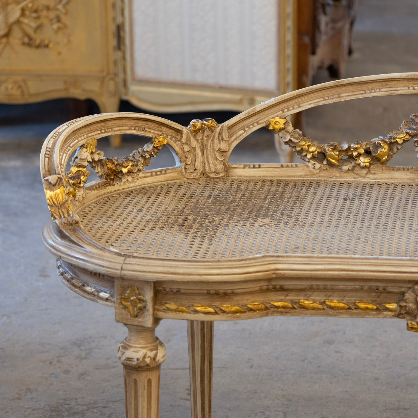 Louis XVI Gilded Cane Bench – Original Condition