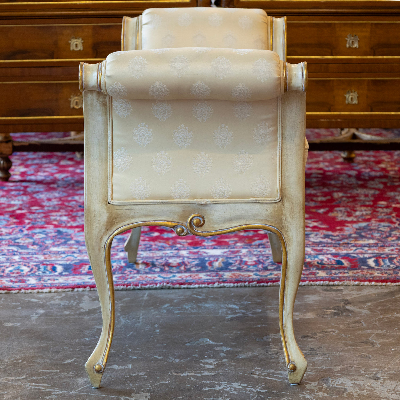 Louis XV Scroll Bench – Original Yellow Damask Upholstery