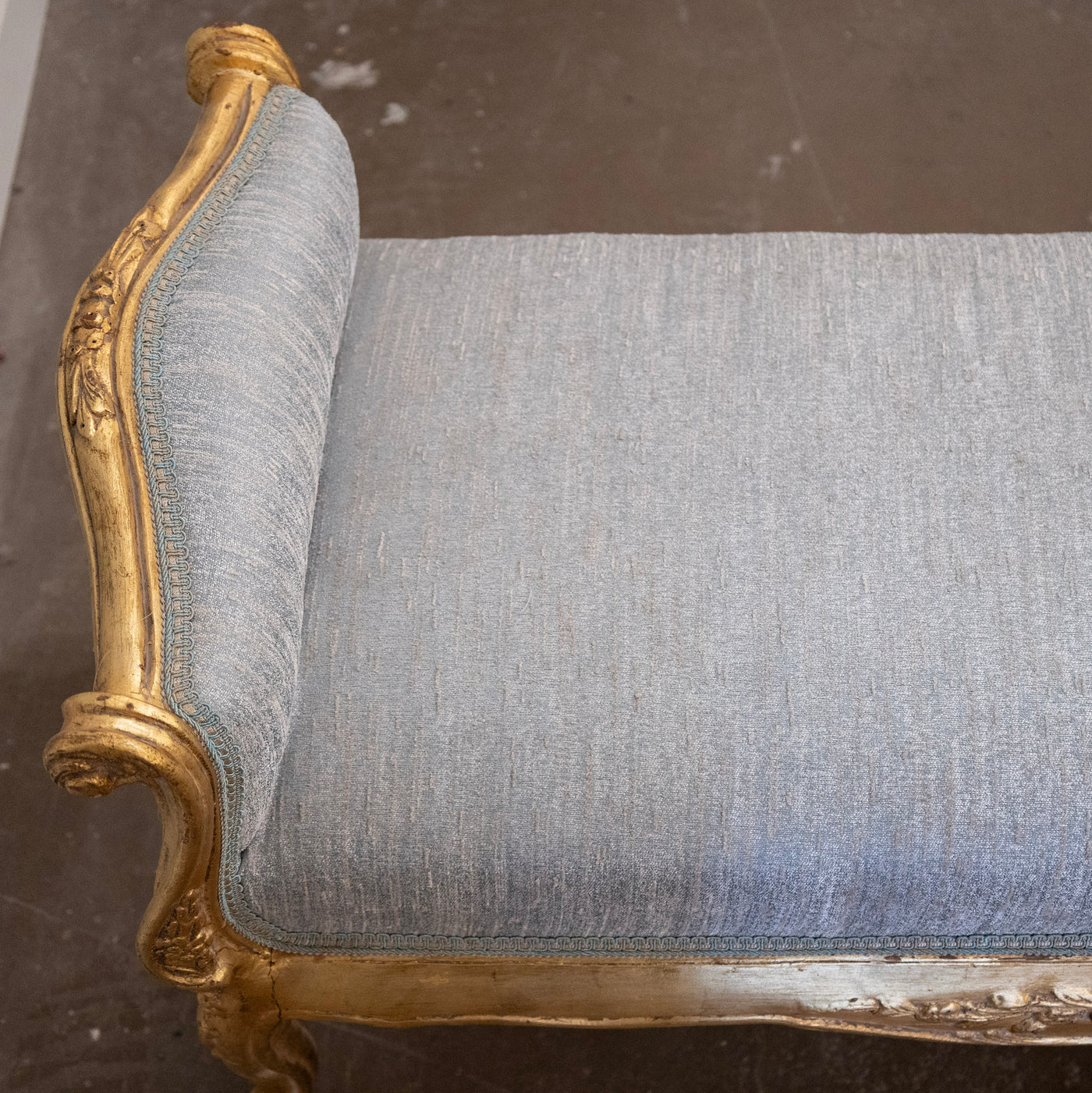 Louis XV Gilded Bench – Carved & Blue Silk Weave Upholstery