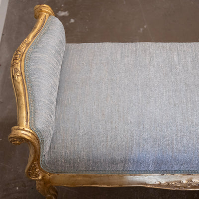 Louis XV Gilded Bench – Carved & Blue Silk Weave Upholstery