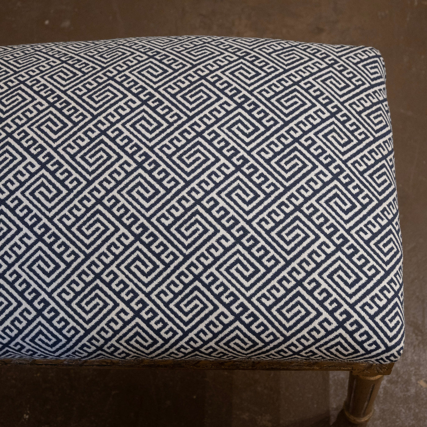 Louis XVI Gilded Bench – Blue & White Greek Key Linen Upholstery