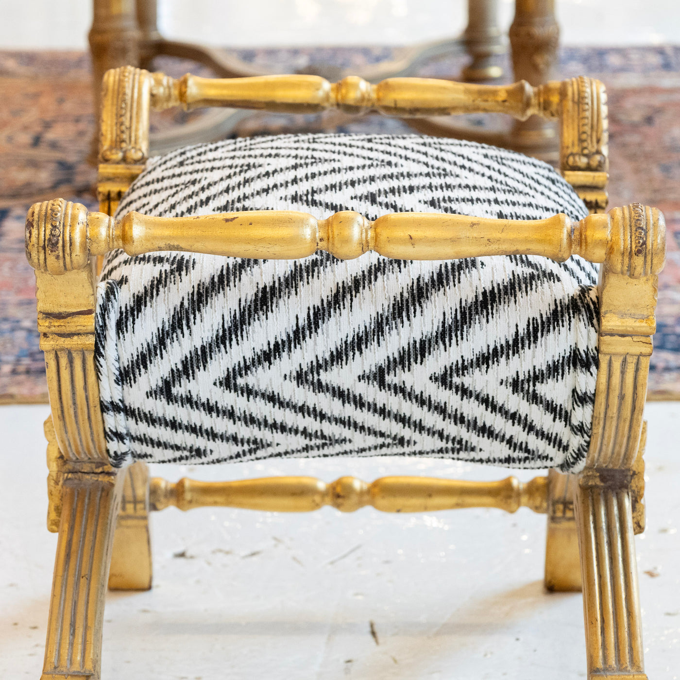 Gilded Boudoir Stool – Black and White Linen Chevron Upholstery