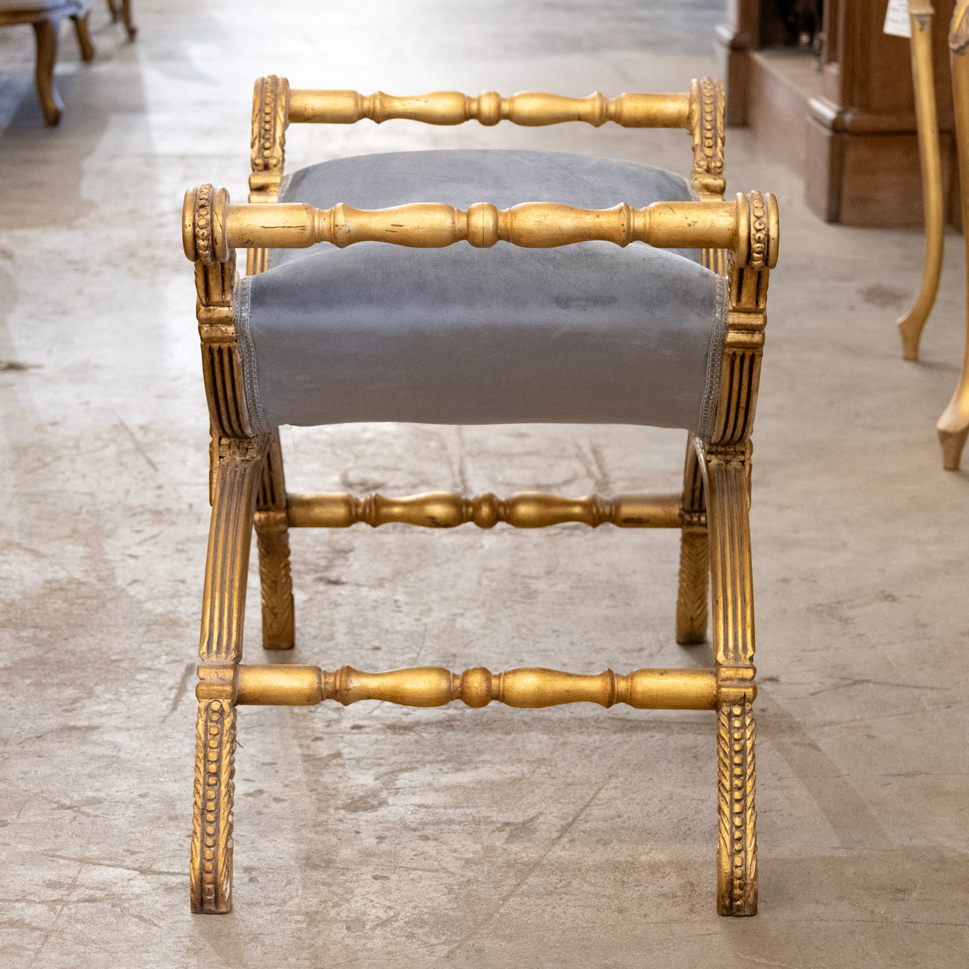 Gilded Boudoir Stool – Muted Blue Velvet Upholstery