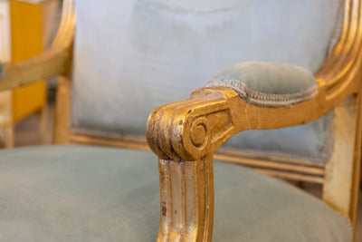 Louis XVI Captain Chair in Blue – Gilded Frame & Velvet Upholstery