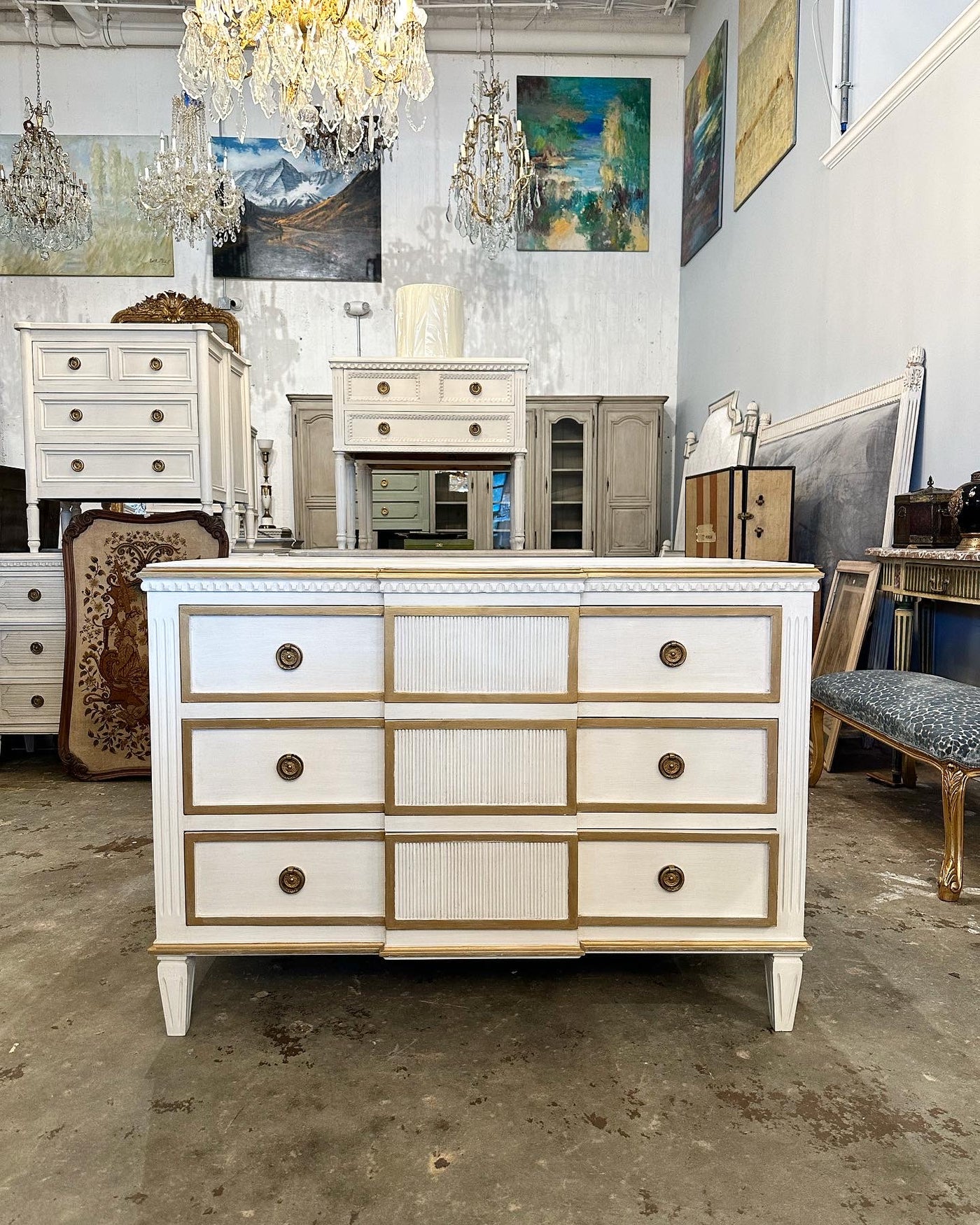 Swedish Chest of Drawers with Reeding & Gold Trim | Le Chateau | European Luxury Furniture in Atlanta