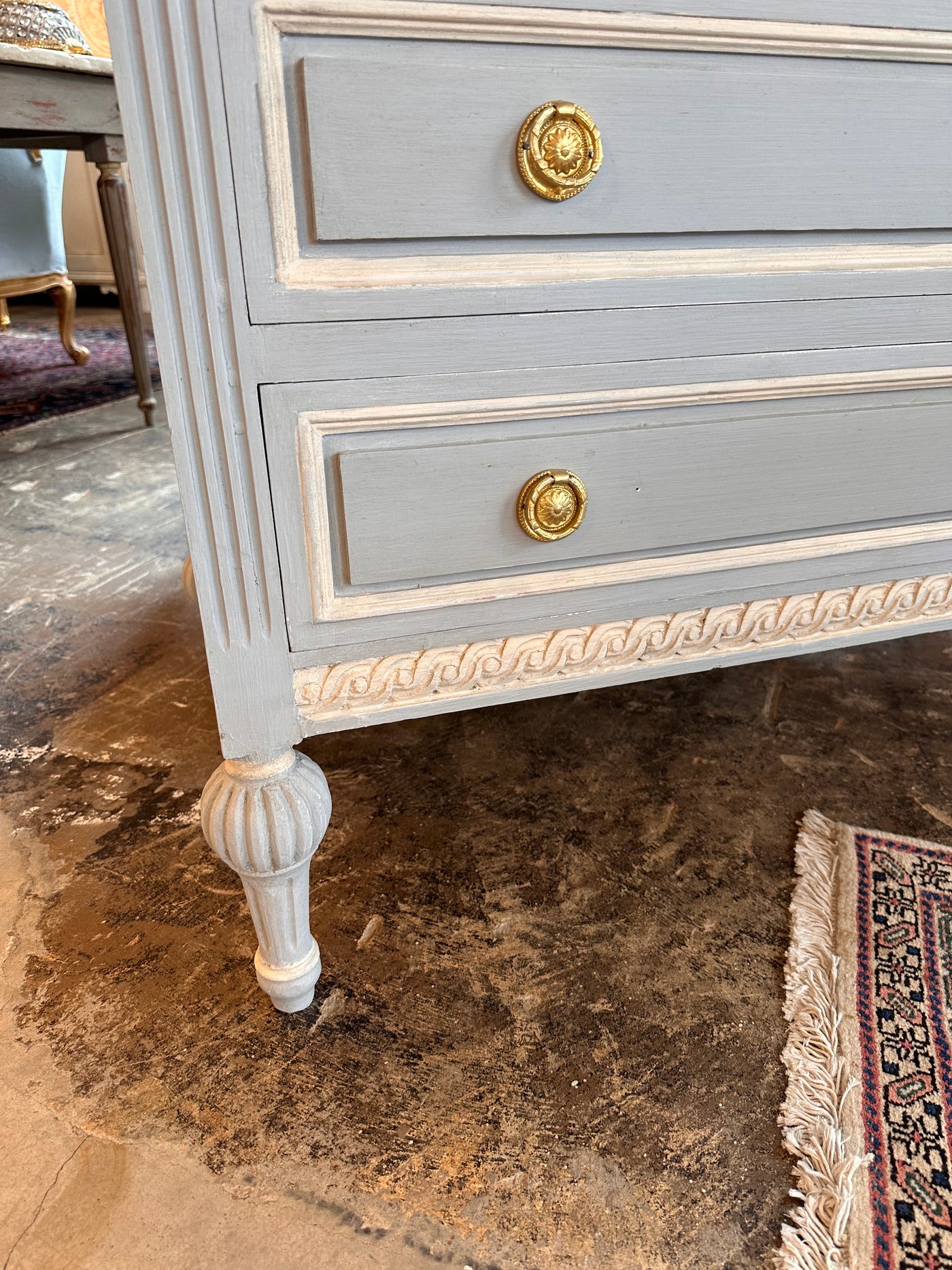 Early 1900s Swedish Marble Top Chest in Blue with White | Le Chateau | European Luxury Furniture in Atlanta