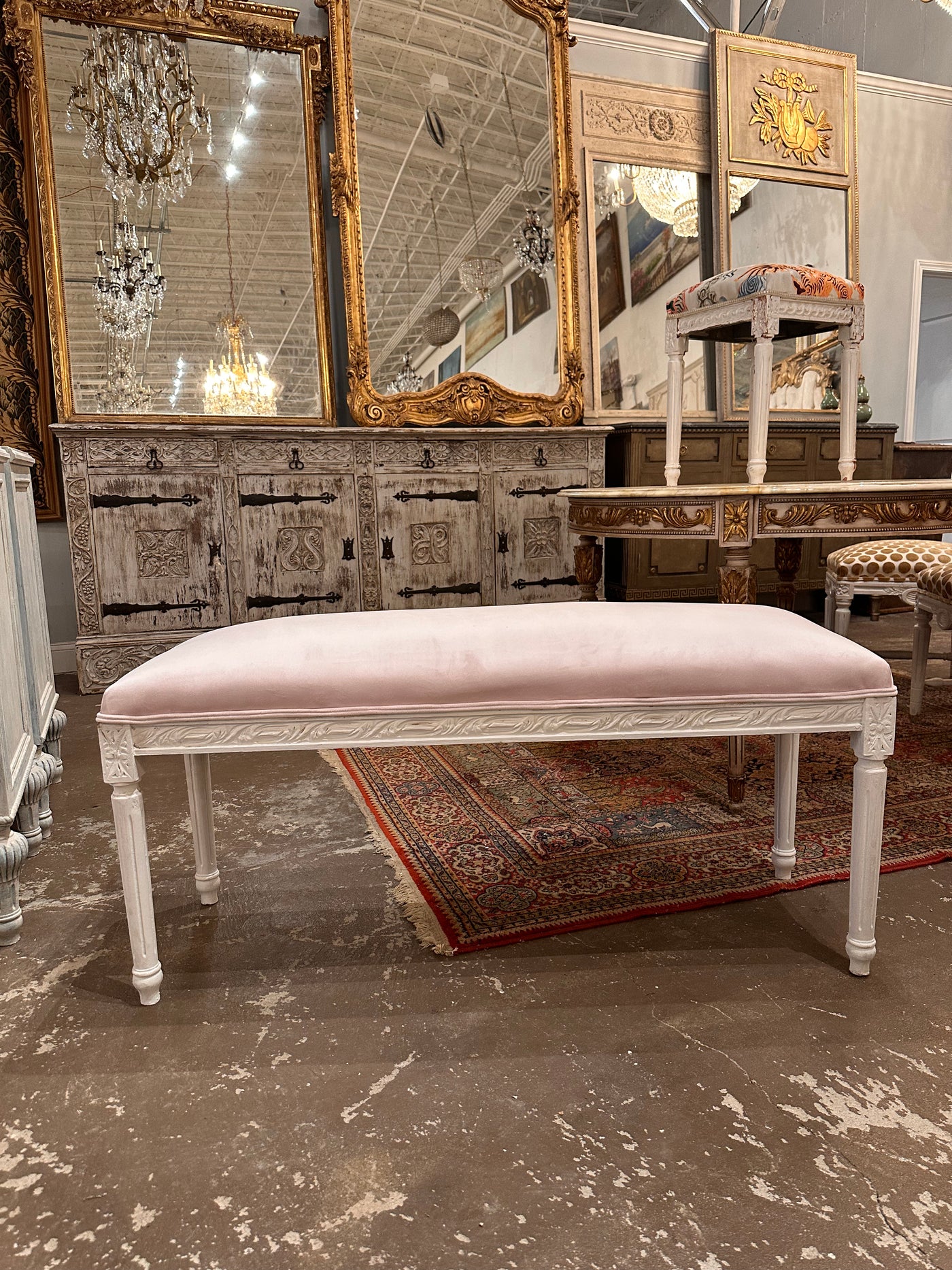 Louis XVI Bench with Light Pink Velvet Fabric