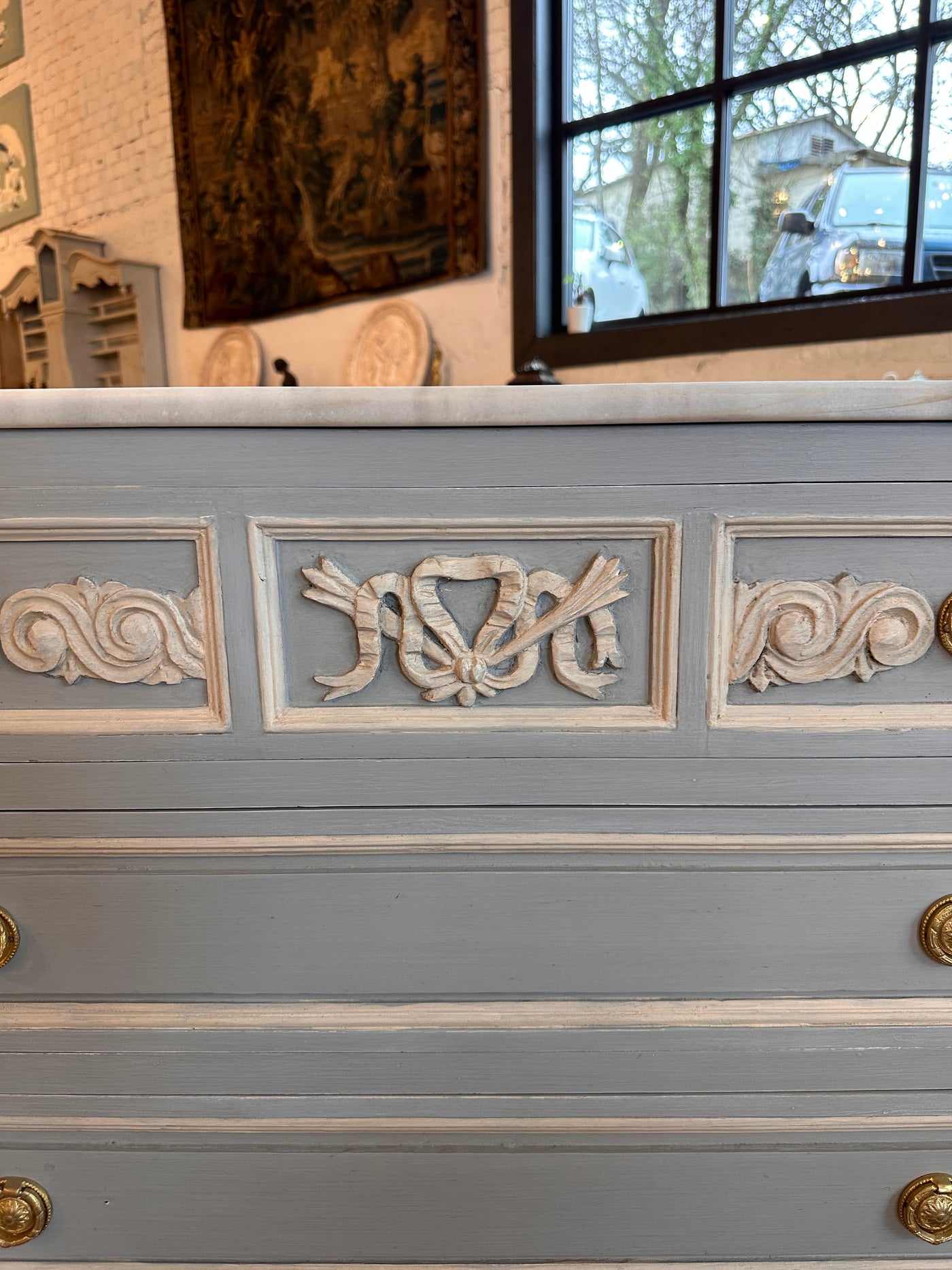 Early 1900s Swedish Marble Top Chest in Blue with White | Le Chateau | European Luxury Furniture in Atlanta