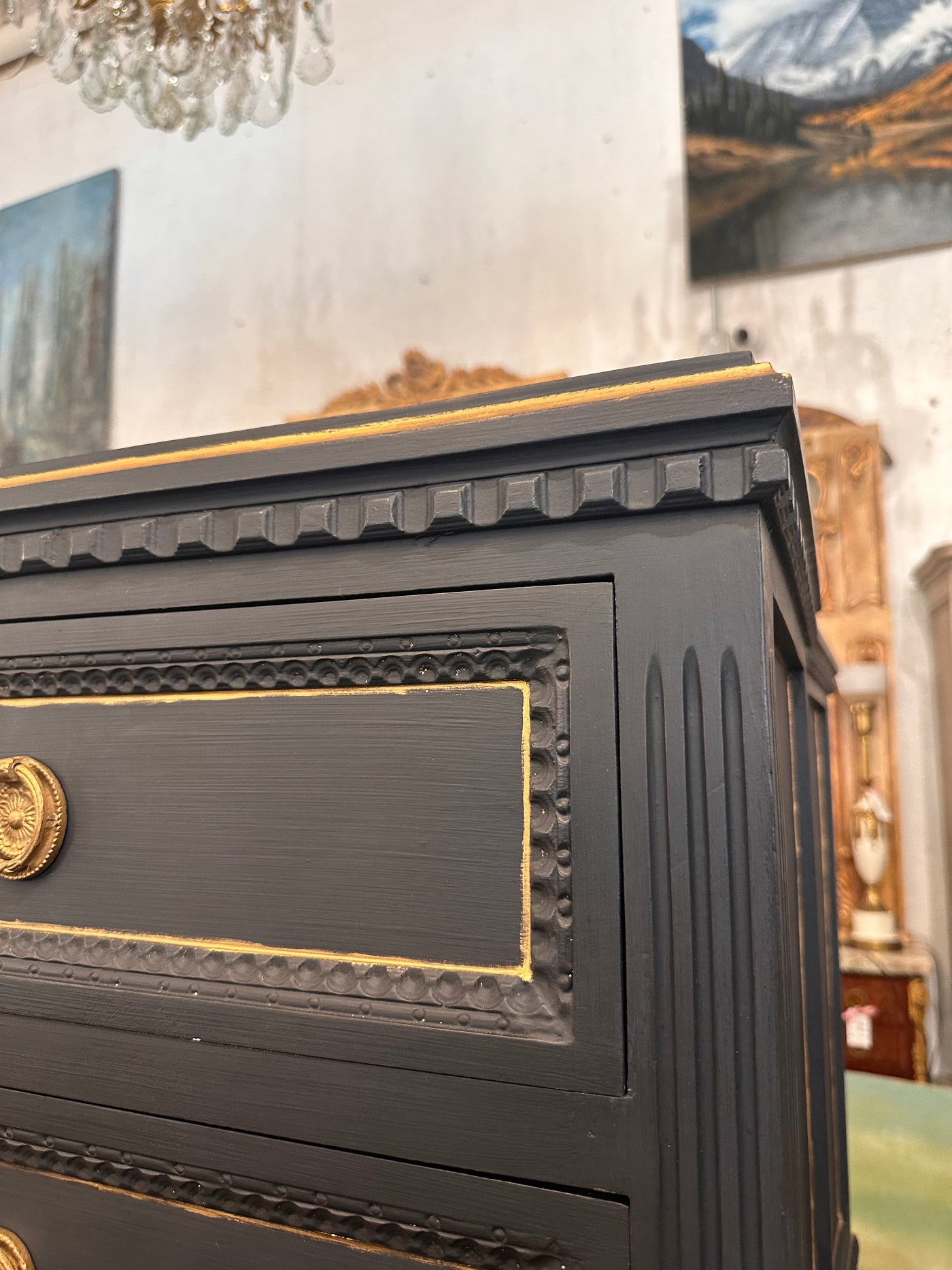 Navy Blue Antique Swedish Nightstand with Gold Trim | Le Chateau | European Luxury Furniture in Atlanta