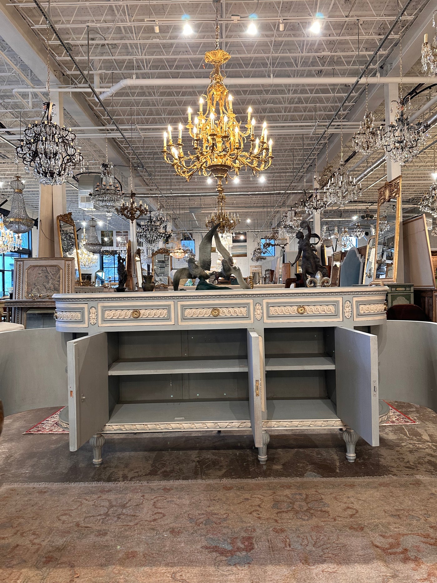 Antique Swedish Demilune Sideboard in French Blue & White | Le Chateau | European Luxury Furniture in Atlanta