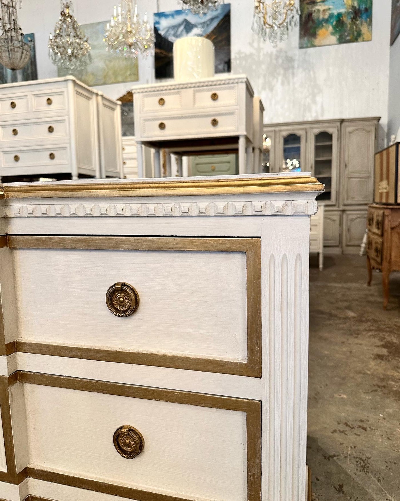 Swedish Chest of Drawers with Reeding & Gold Trim | Le Chateau | European Luxury Furniture in Atlanta