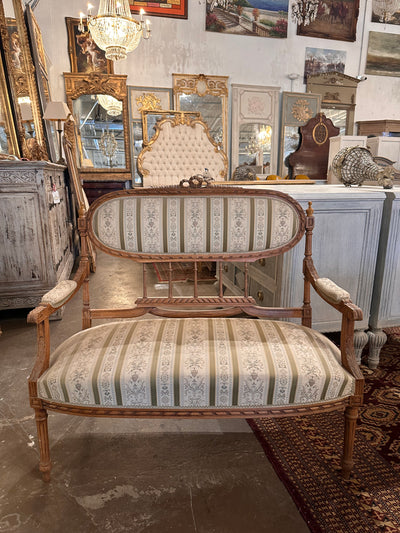 Louis XVI Green & Floral Striped Petite Settee