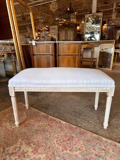 Louis XVI Small White Linen Upholstered Bench