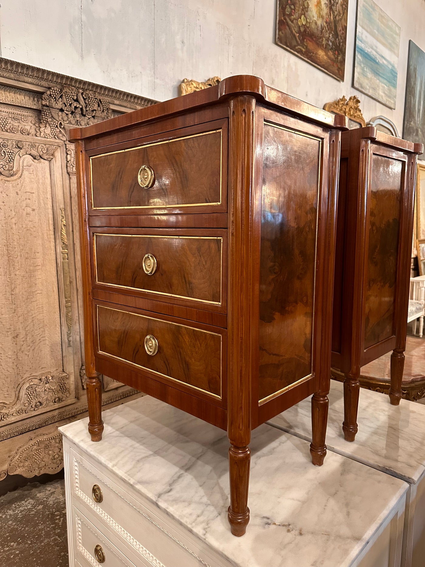 Burl Wood Rounded Corner Antique Nightstand | Le Chateau | European Luxury Furniture in Atlanta