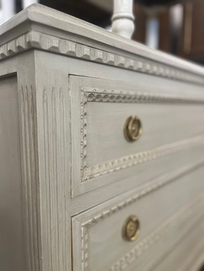 Antique Grey Swedish Chest with Beaded Trim