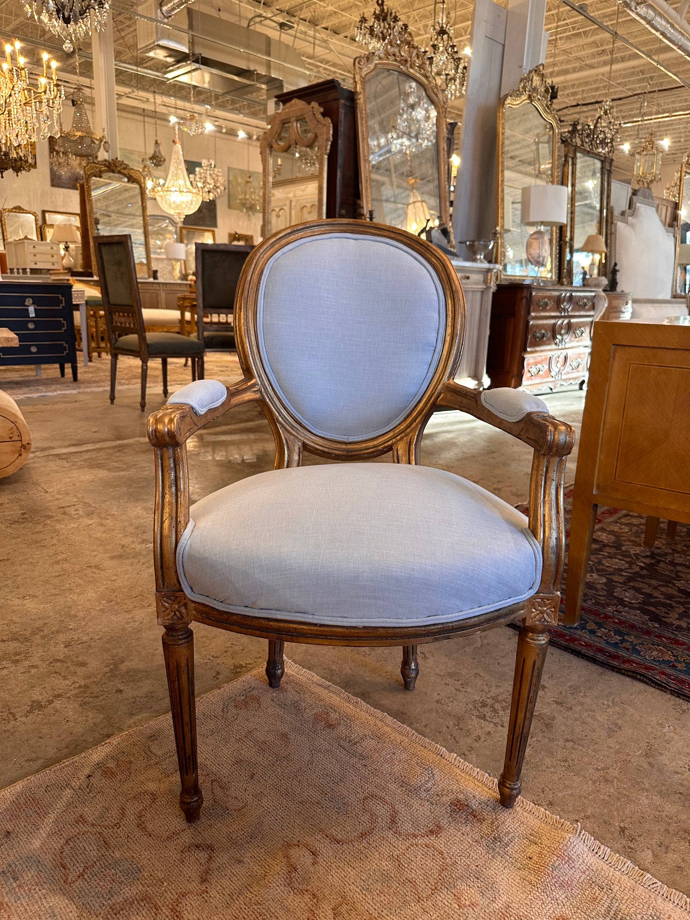 French Antique Louis XVI Captain Chair with Blue Linen Fabric