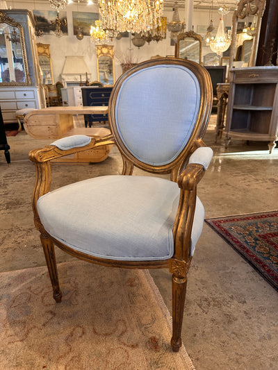 French Antique Louis XVI Captain Chair with Blue Linen Fabric