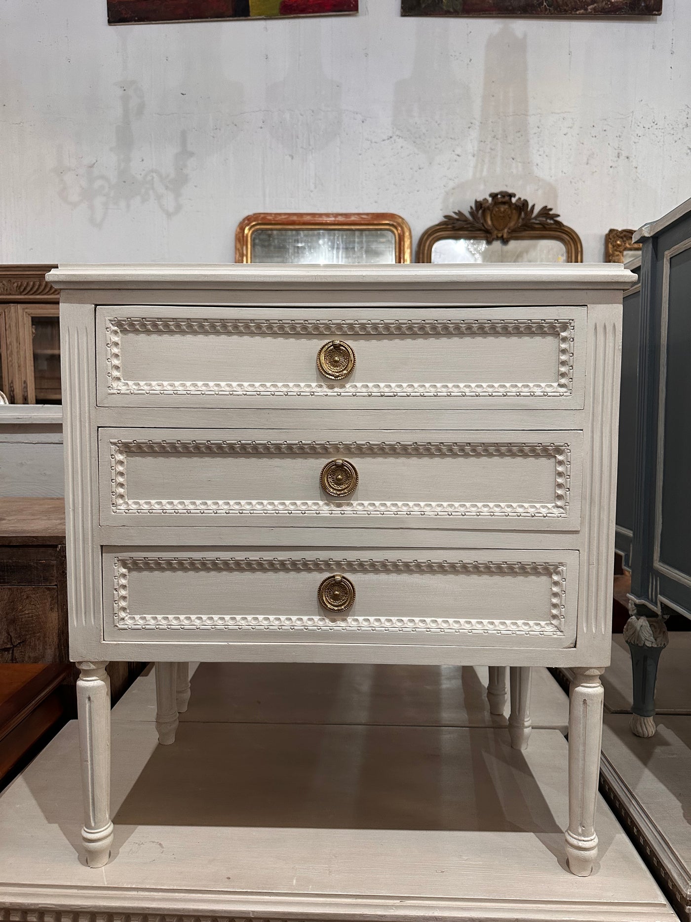 Swedish Nightstand with Beaded Drawers and Fluted Legs | Le Chateau | European Luxury Furniture in Atlanta