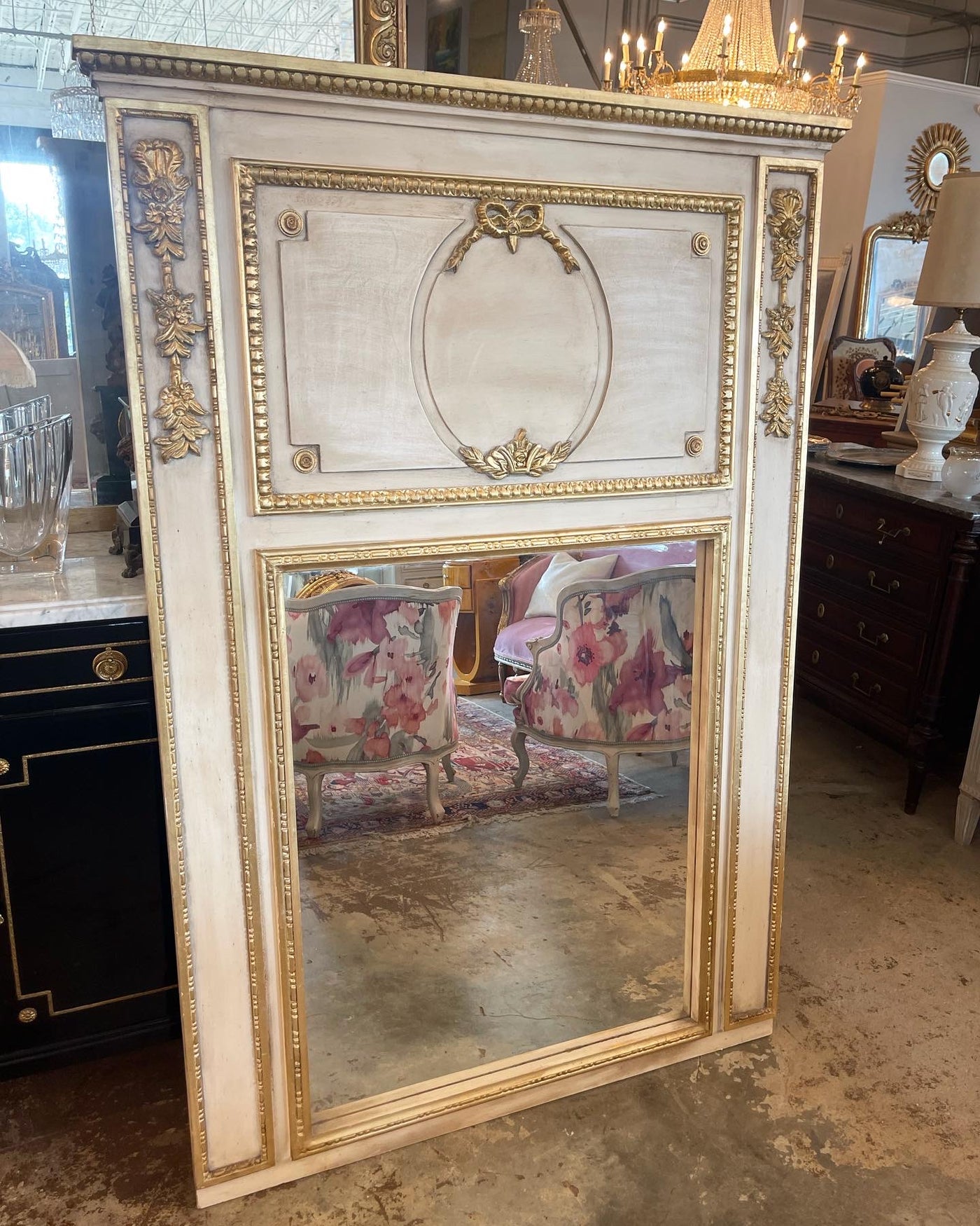 19th Century Trumeau Mirror in Antique White & Gold