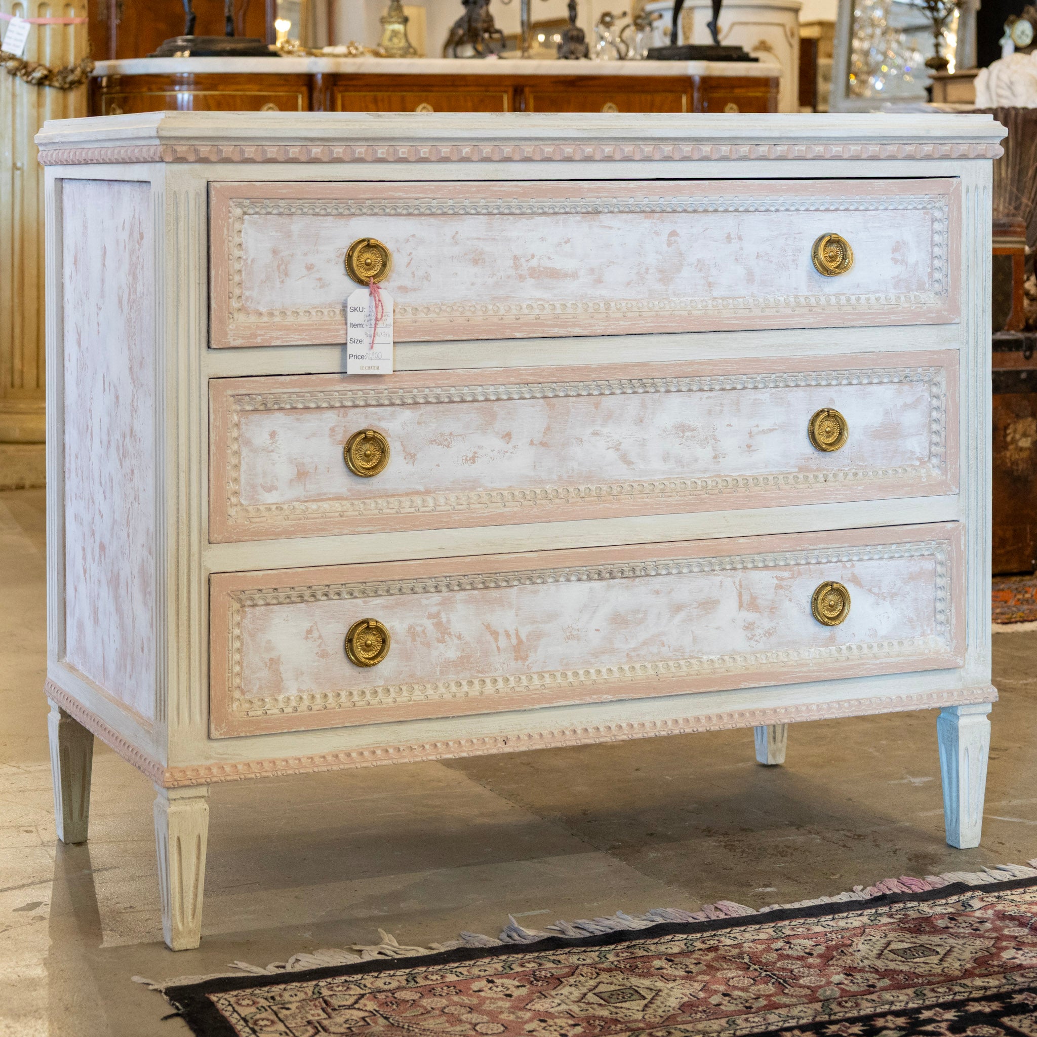 Swedish Pink & White Chest with Textured Finish & Large Brass Pulls ...