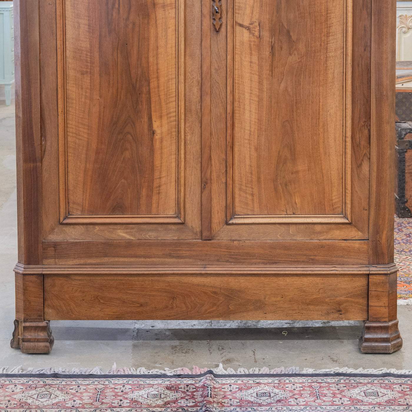 Louis Philippe Walnut Armoire – Original Red Fabric Interior with Shelves & Lower Drawer