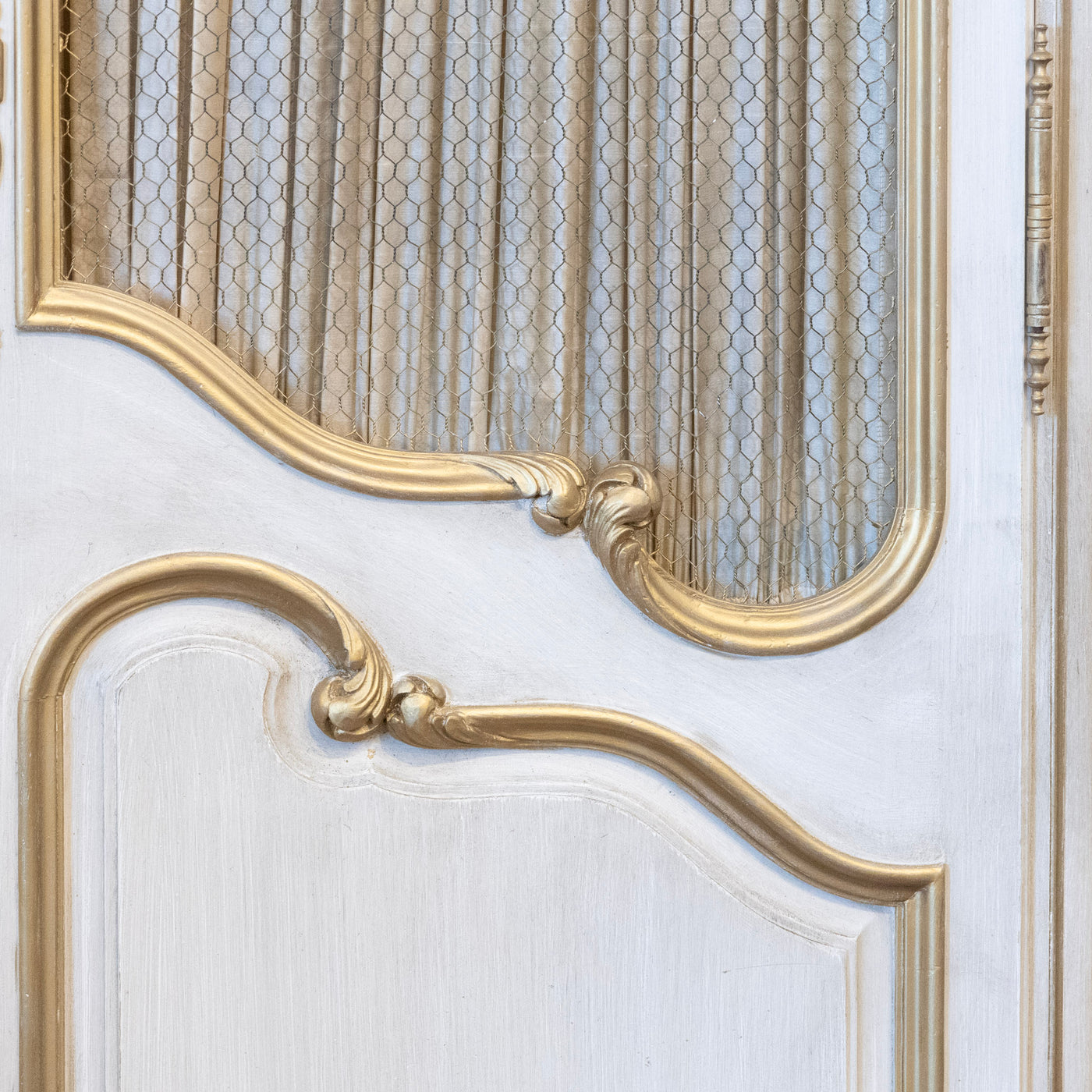 Louis XV Armoire – White Distressed Finish with Gold Trim and Fabric P ...