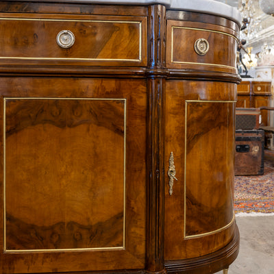 Louis XVI Demilune Sideboard – Burl Wood with Marble Top and Gold Accents