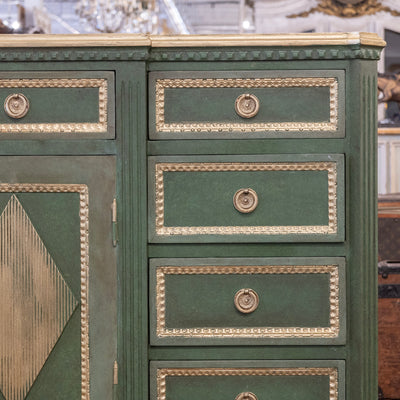 Swedish Painted Ten Drawer Sideboard – Green with Gold Diamond Panels & Trim