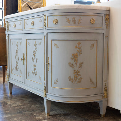 Louis XVI Blue Hand Painted Sideboard – Gilded Floral Detailing & White Marble Top