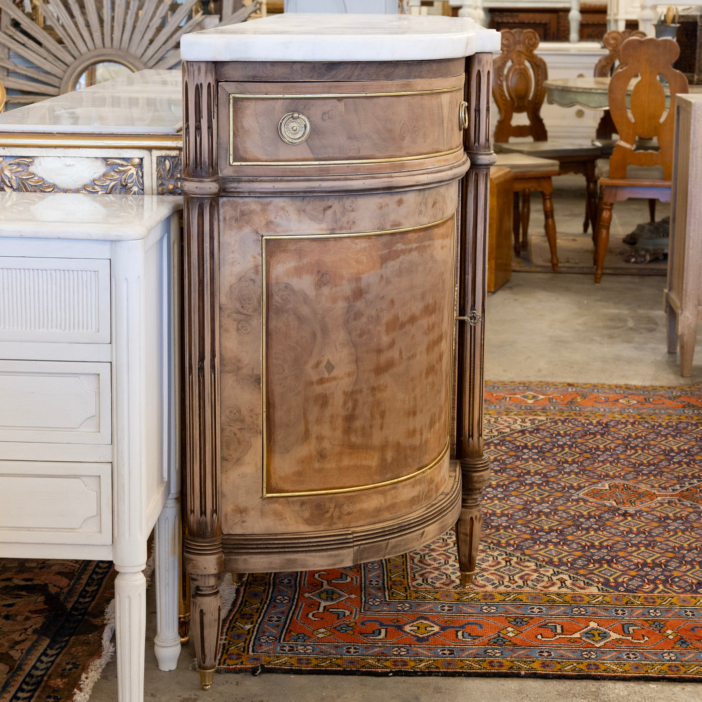Louis XVI Demilune Sideboard – Stripped Burl Wood with White Marble Top