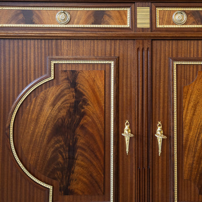 Louis XVI Burl Wood Demilune Sideboard – Gilded Bronze Accents & White Marble Top