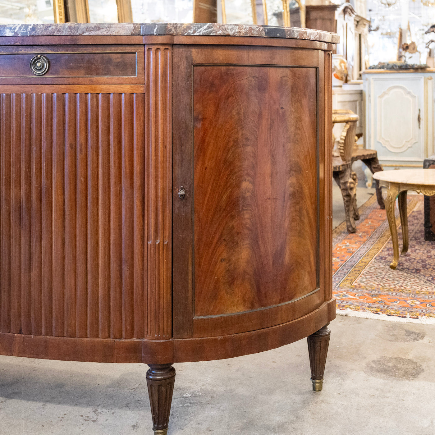 Louis XVI Wood Demilune Sideboard– Reeded Doors & Breccia Marble Top