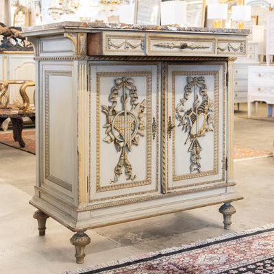 Louis XVI Sage Green Gilded Sideboard – Musical Ribbon Carvings & Breccia Marble Top